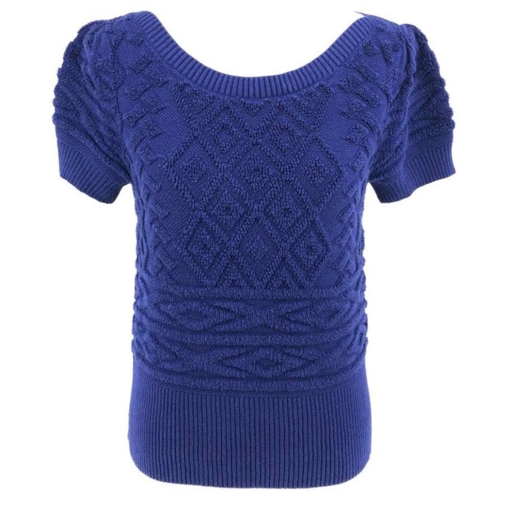 ANTHROPOLOGIE MOTH TEXTURED ROYAL BLUE SCOOP NECK SHORT SLEEVE SWEATER XL